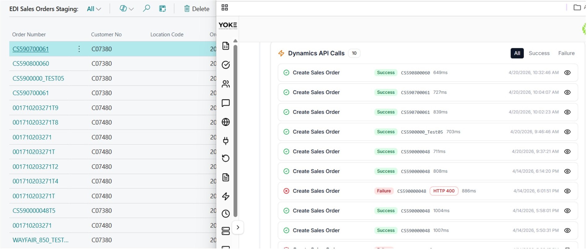 Yoke workspace showing EDI Sales Orders Staging next to Dynamics API Calls log Yoke workspace showing EDI Sales Orders Staging next to Dynamics API Calls log