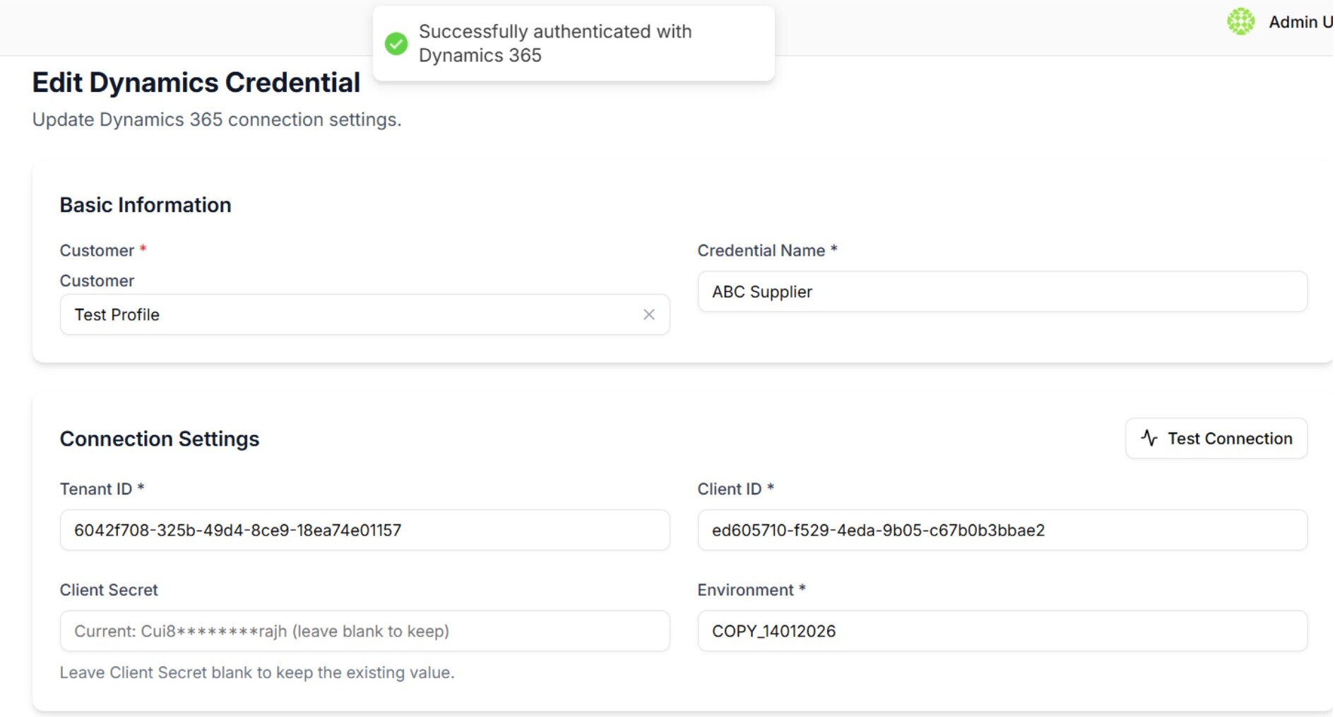Edit Dynamics Credential screen with successful authentication confirmation Edit Dynamics Credential screen with successful authentication confirmation