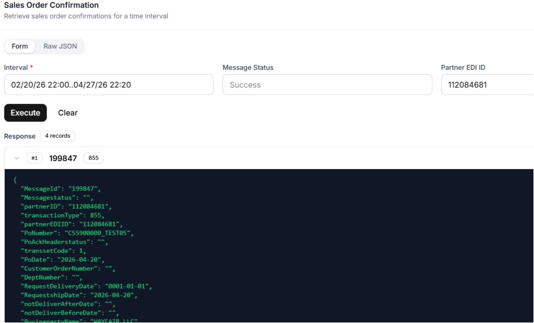 Sales Order Confirmation 855 test interface showing JSON response from Dynamics Sales Order Confirmation 855 test interface showing JSON response from Dynamics